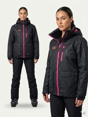 XTM Performance Kids 14 Ski Snow Jacket Waterproof Black Pink Leopard Print